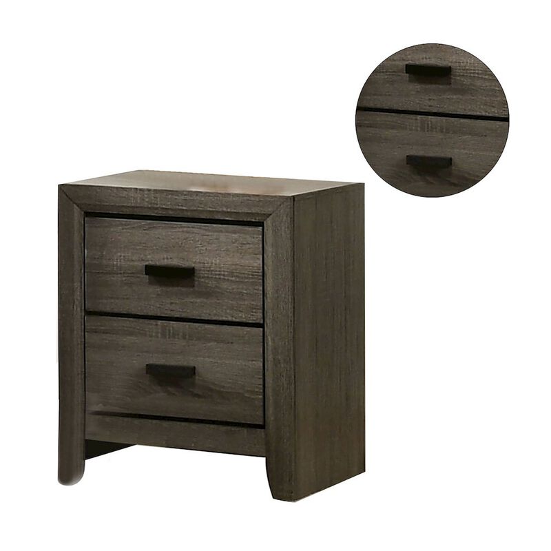 Simple Relax 2 Drawers Wooden Nightstand With Black Rectangular Pulls, Gray image number 3