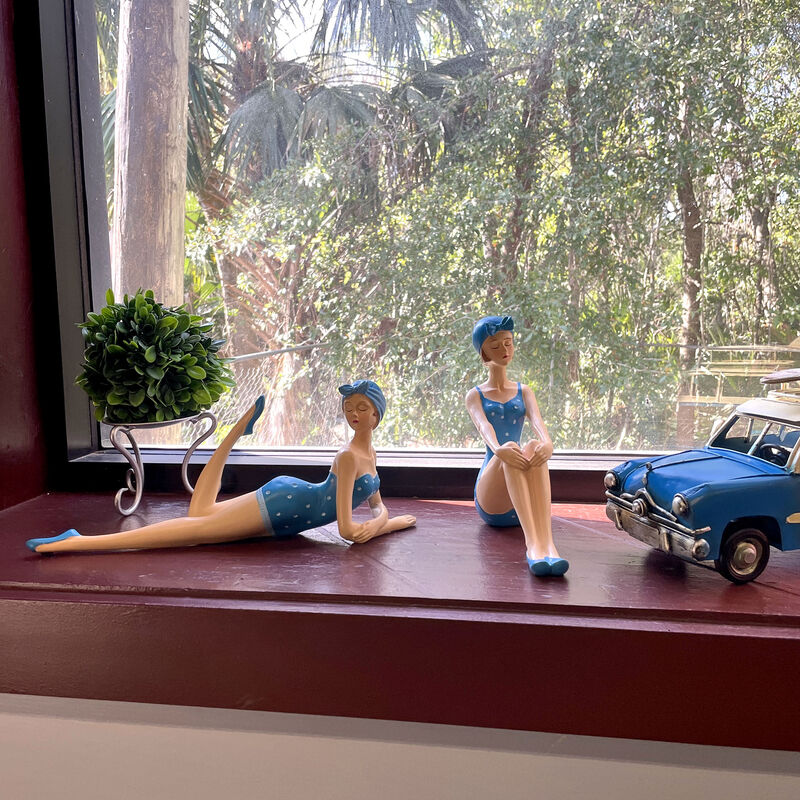 Set of 2 Beach Beauties Sunbathing Figurines Blue Polka Dot Coastal Decor image number 9