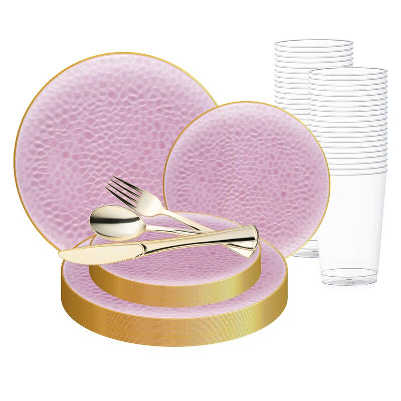 Clear Pink with Gold Rim Hammered Glass Plastic Wedding Value Set (60 Sets) image number 0