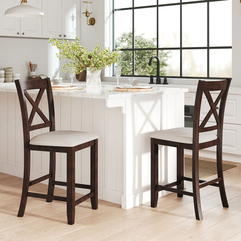 Modern Rubber Wood Bar Stools Set of 2 – Ergonomic Back & Linen Cushion