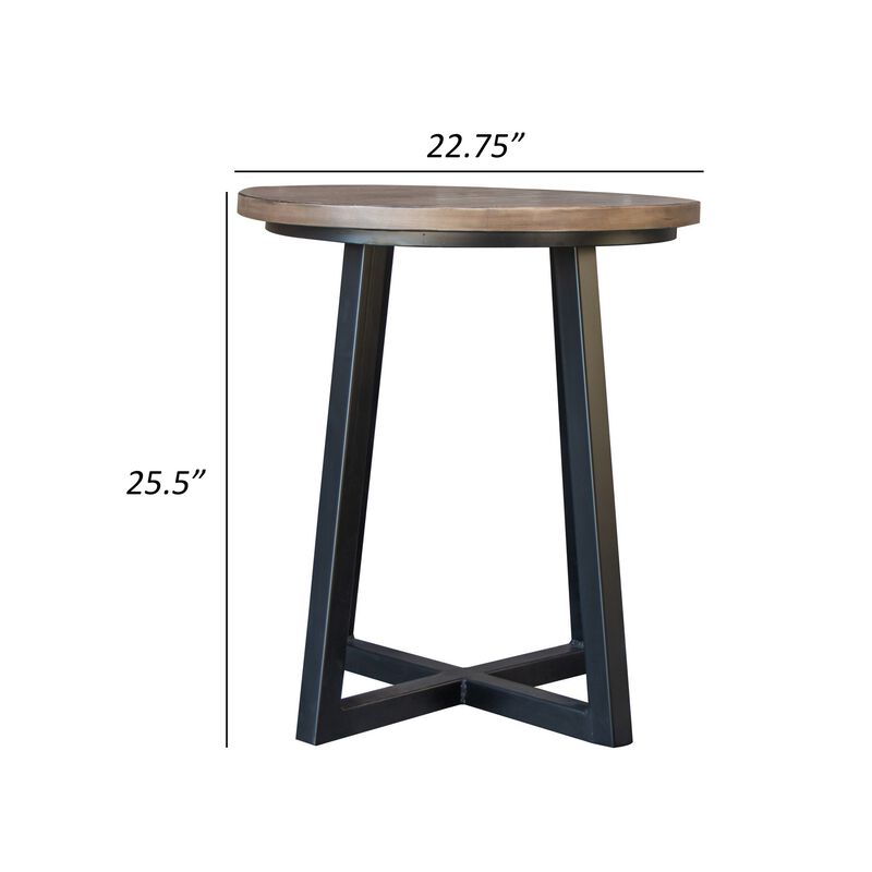 Rome 25 Inch End Table, Black Wrought Iron Base, Brown Solid Pine Wood-Benzara