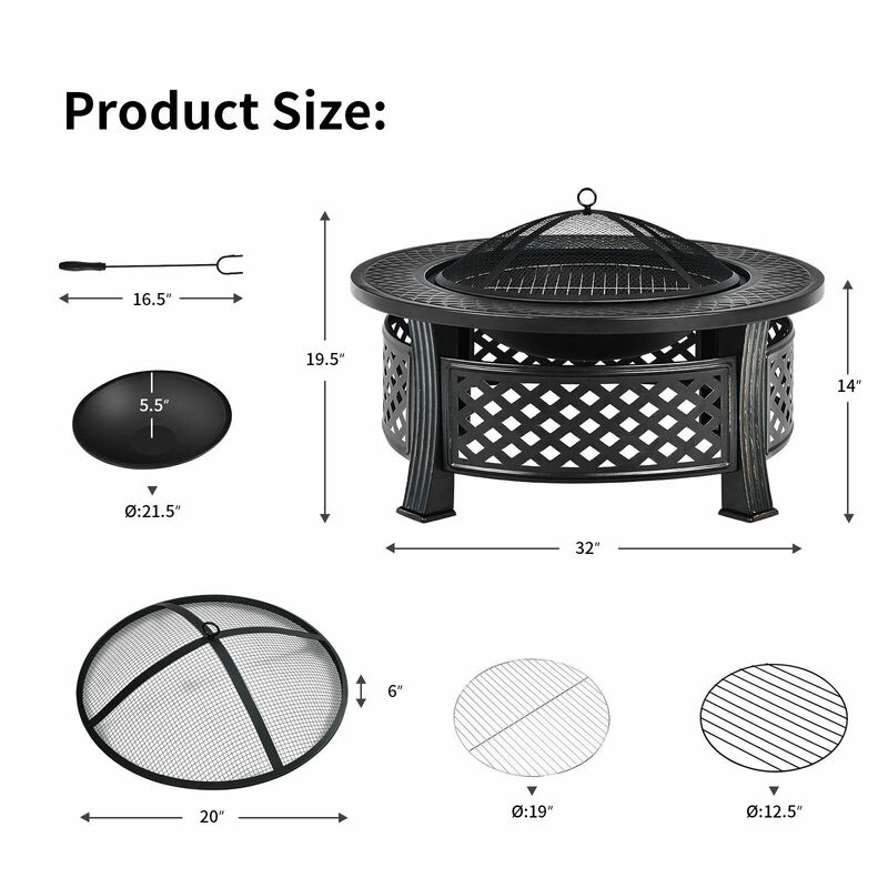 Mondawe 32" Fire Pit & BBQ Grill - 3-in-1 Outdoor Fire Bowl