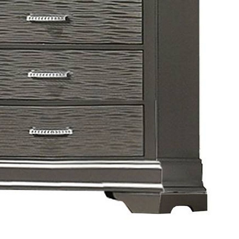 Jean Tall Dresser Chest, 5 Drawers, Chrome, Dark Gray Solid Wood - Benzara