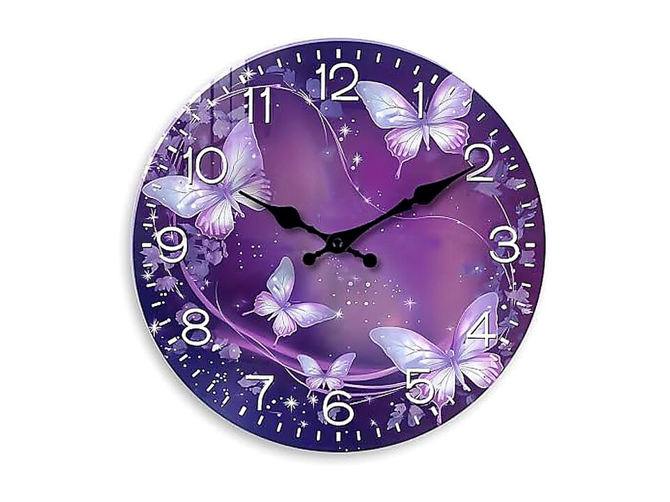 Purple Wall Clock Girls Bedroom Analog Butterfly Clocks Battery Operated 12 Inch