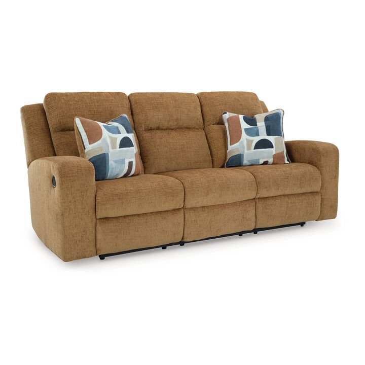Damon Manual Reclining Sofa, Camel Brown Polyester, 2 Pillows, 86 Inch - Benzara