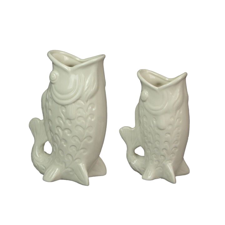 White Fish Decorative Vases Set Of 2 Ceramic Coastal Tabletop 85in And 7in