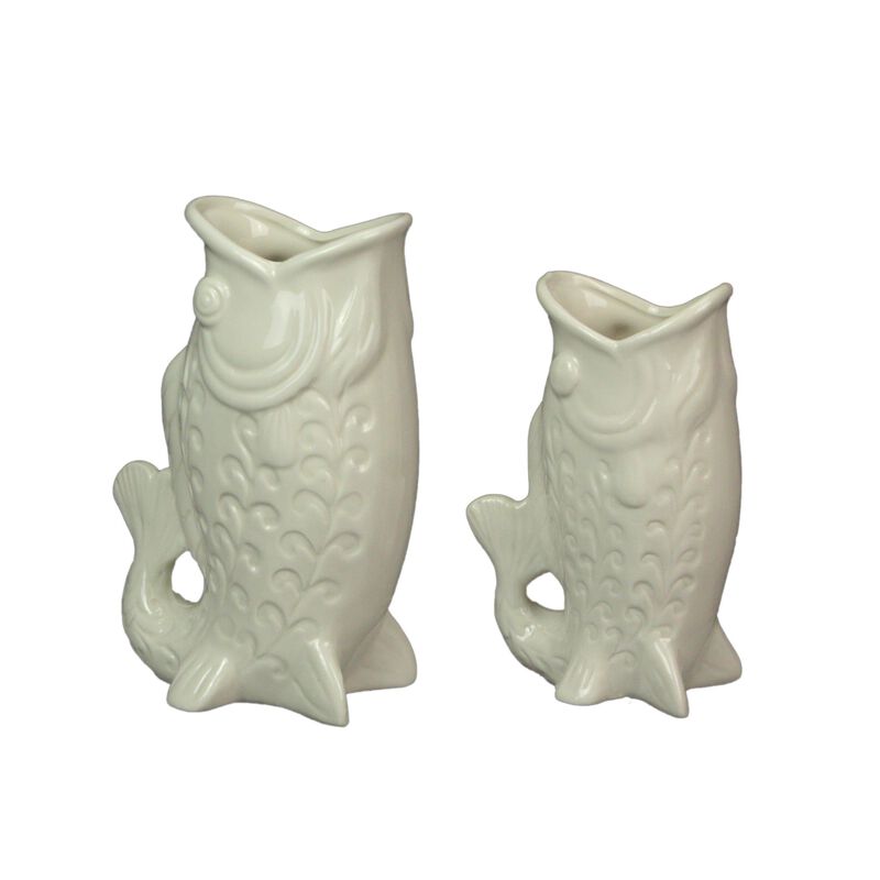White Fish Decorative Vases Set Of 2 Ceramic Coastal Tabletop 85in And 7in image number 0