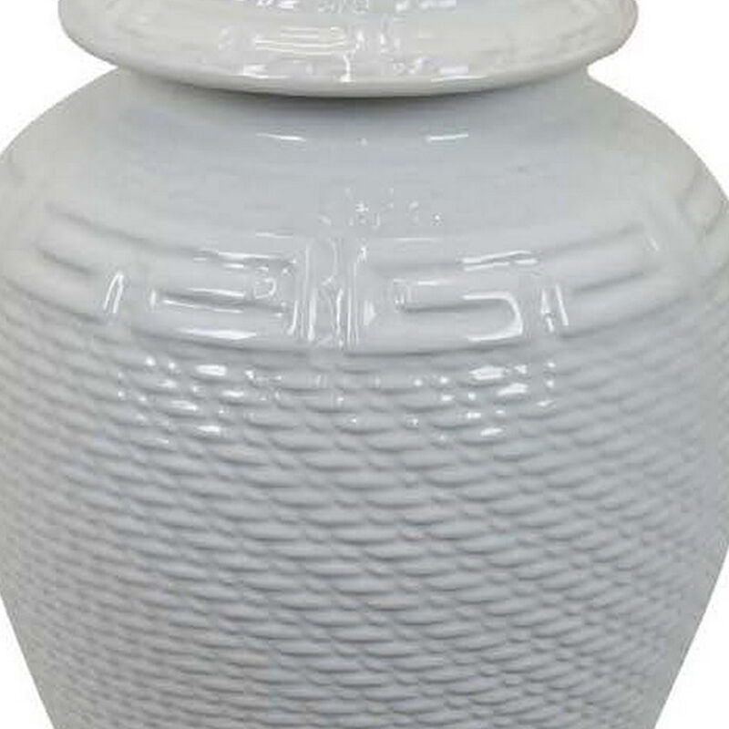 Bryan 24 Inch Ceramic Temple Jar, Geometric Print, Finial Top, White - Benzara
