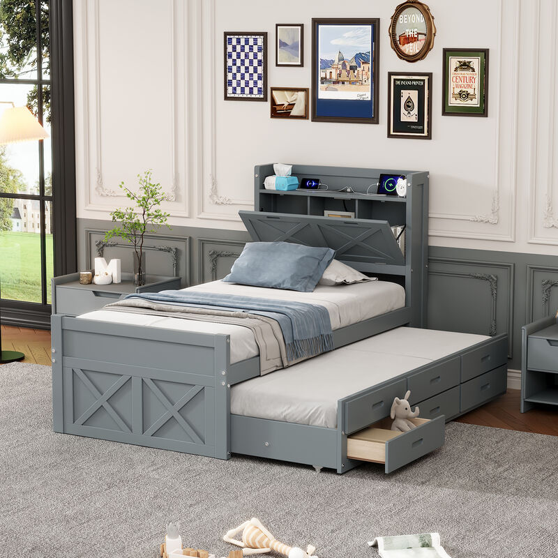 Merax Wooden Platform Bed with Trundle  and 3 Drawers