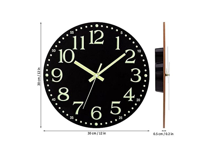 Glow In The Dark Black Wood Luminous Wall Clock 12 Inch Silent Non Ticking image number 2