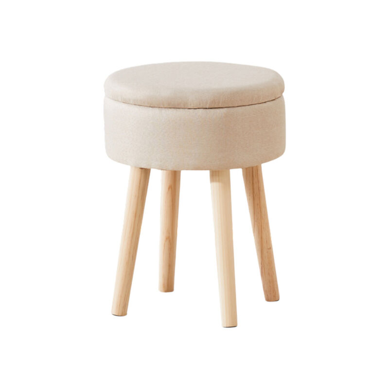 Storage Ottoman Linen Round Vanity Stool with Wood Legs – Multifunctional Foot Rest