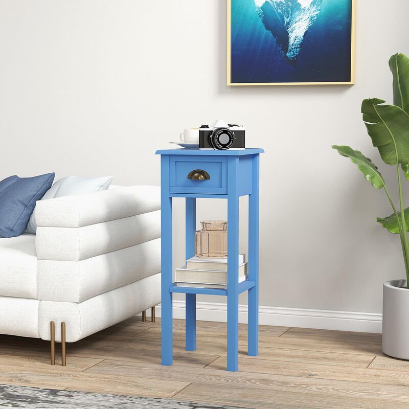 HOMCOM 2-Tier Side Table with Drawer, Narrow End Table with Bottom Shelf, for Living Room, Set of 1, Light Blue