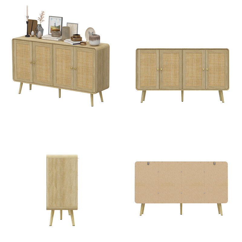 FUFU&GAGA Rattan Wardrobe, Modern Closet with 4 Doors, Gold Handles & Solid Wood Legs, Bedroom Storage Cabinet for Clothes & Accessories (55.1" W x 32.1" H x 13.9" D), Natural Wood