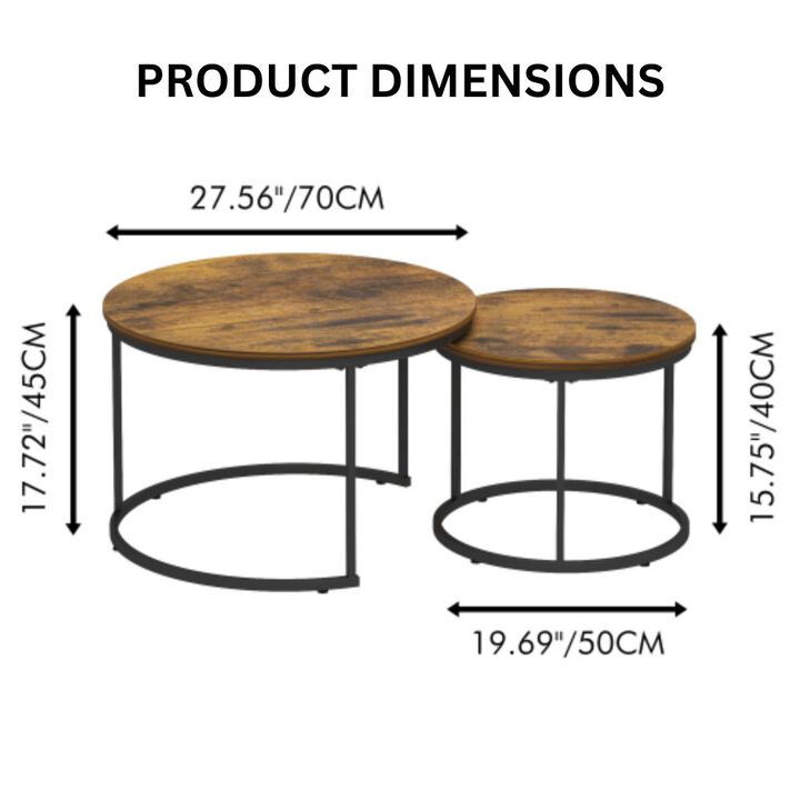 GOODSILO Round Nesting Coffee Table Set of 2, Space-Saving Stackable Side Tables with Marble Pattern Top and Sturdy Metal Frame for Living Room Bedroom Balcony