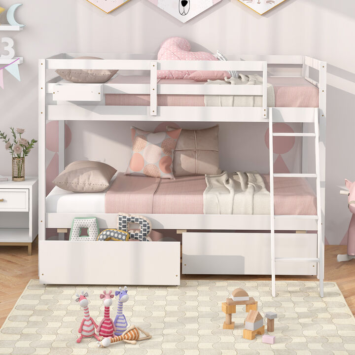 Twin Over Twin Bunk Bed Wood Bed Frame with 2 Storage Drawers and Ladder-White