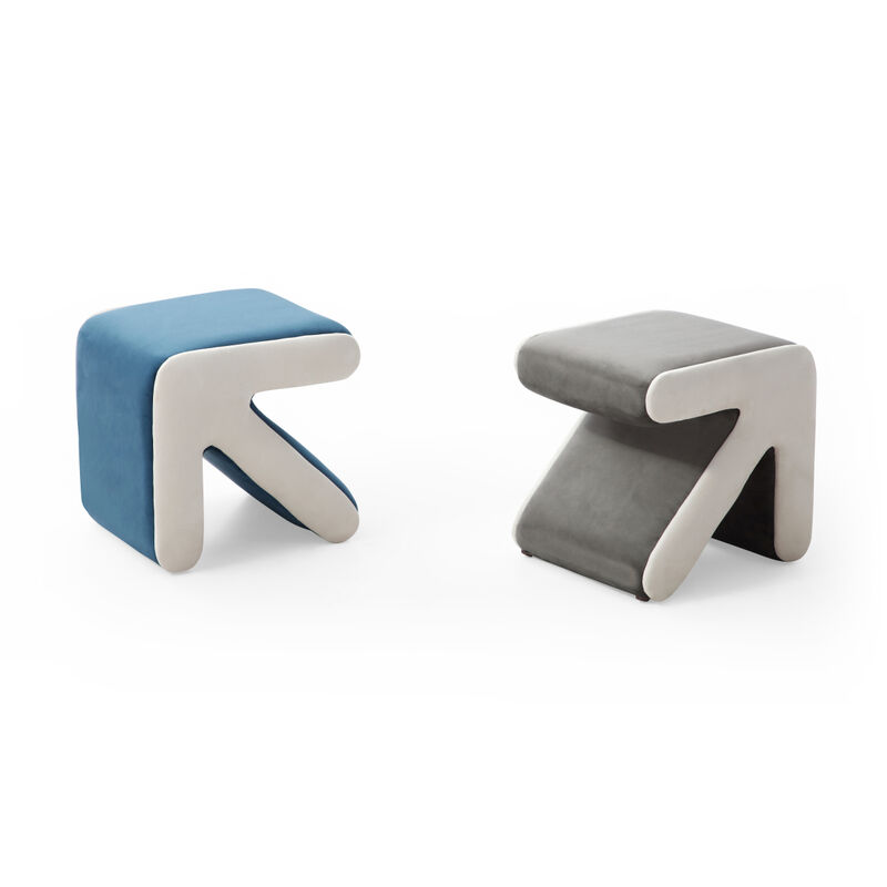 Streamdale Modern Velvet Upholstered Stool & Coffee Table, Blue+Beige