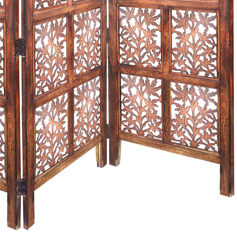 3 Panel Mango Wood Screen with Intricate Cutout Carvings, Brown-Benzara