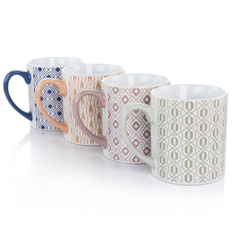 Mr. Coffee Bliss 4 Piece 20oz Can Shaped Stoneware Mug Set in Assorted Colors and Patterns