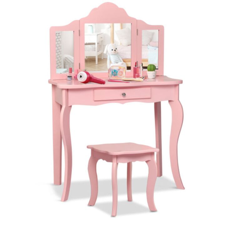 Hivvago Kids Makeup Dressing Mirror Vanity Table Stool Set