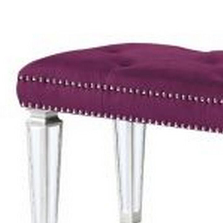 Accent Bench with Tufted Velvet Seat and Mirrored Legs, Purple-Benzara
