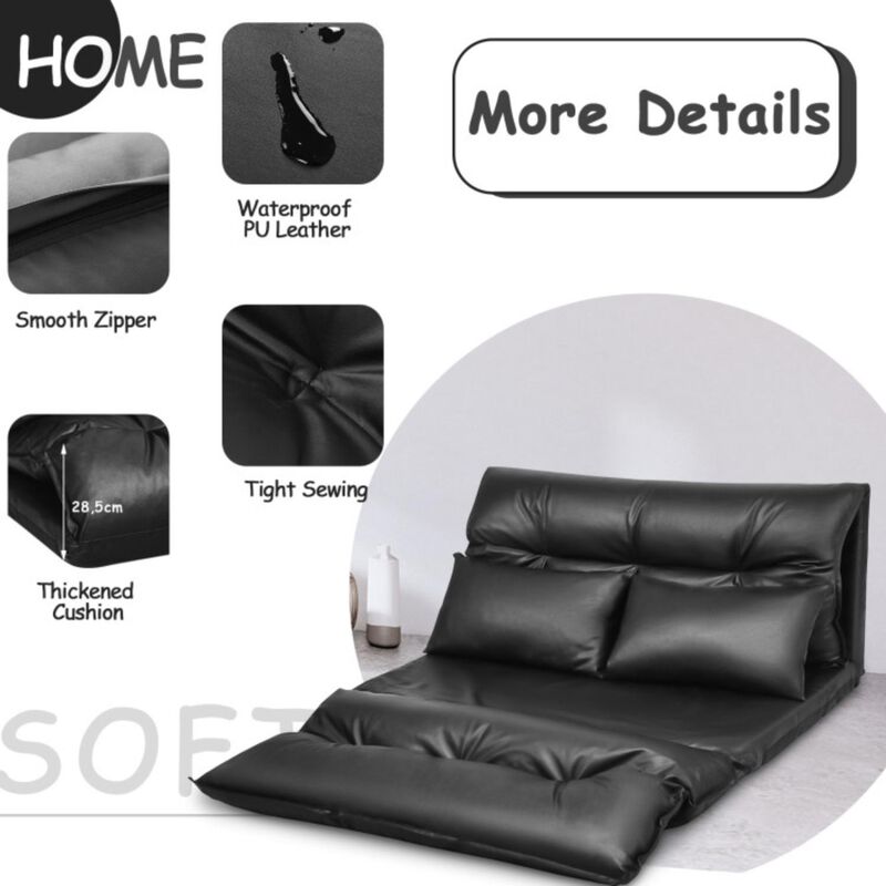 Hivvago Foldable PU Leather Leisure Floor Sofa Bed with 2 Pillows-Black