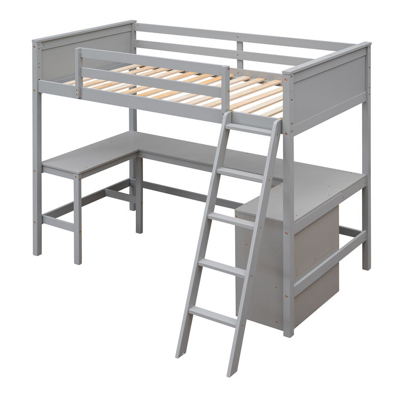 Whisen Twin Size Wooden Loft Bed with Desk and Shelves