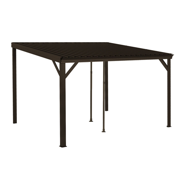 10X12FT Wall Mounted Gazebos Pergola with Built in Drainage System, Galvanized Steel Roof Hardtop Patio Shelter, Gray