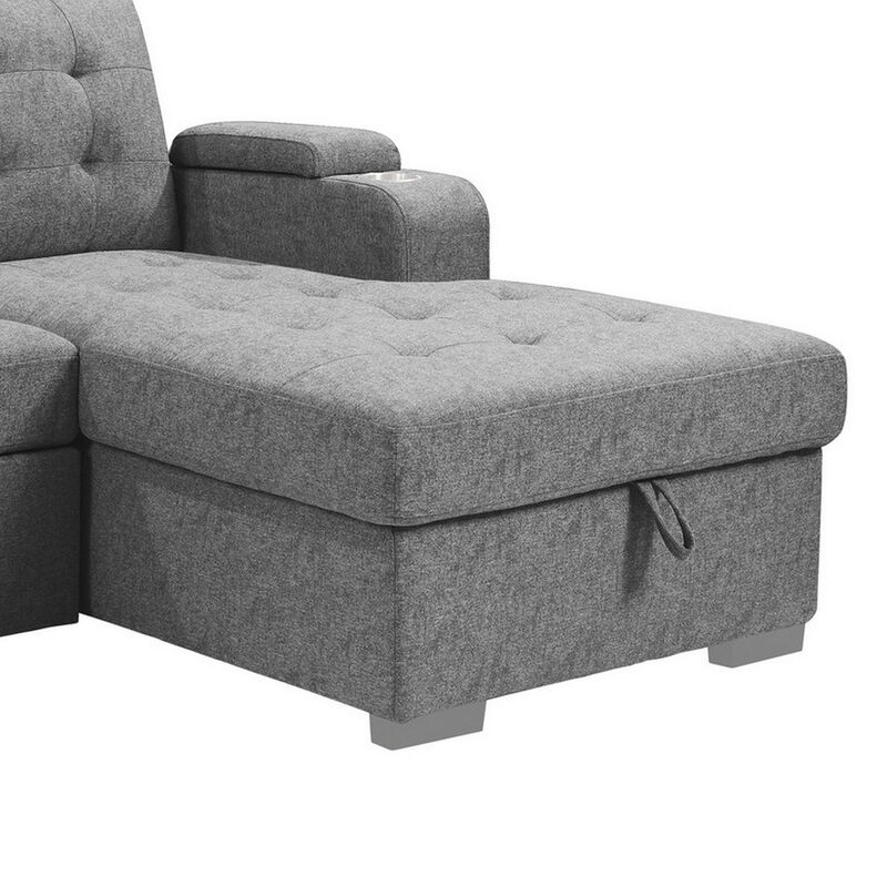120 Inch Sleeper Sectional Sofa Bed with Storage, Modern Tufted Gray Fabric - Benzara image number 2