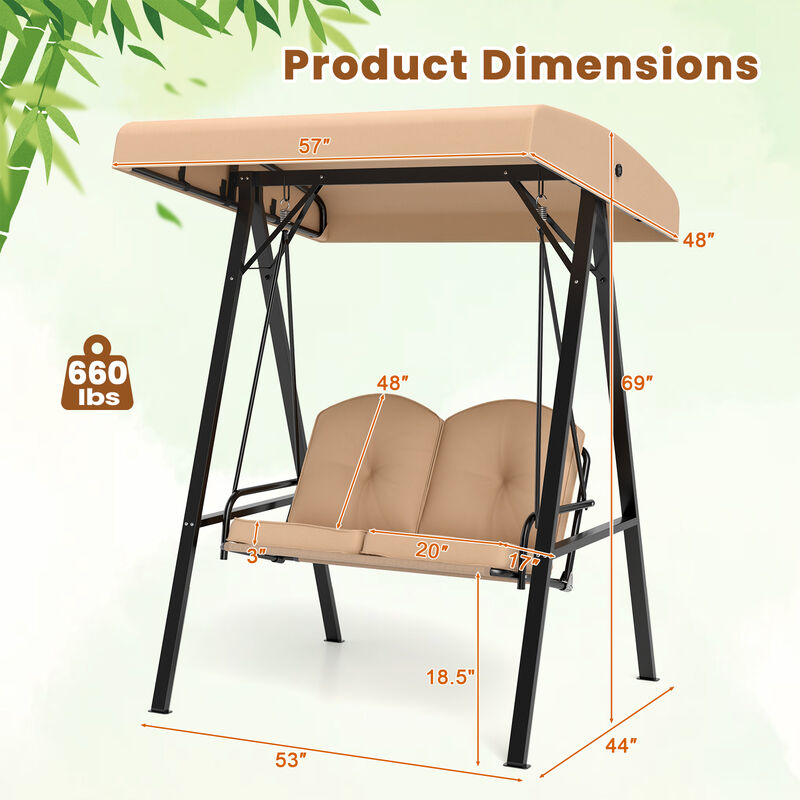 2-Person Outdoor Porch Swing with A-Frame Stand and Adjustable Canopy