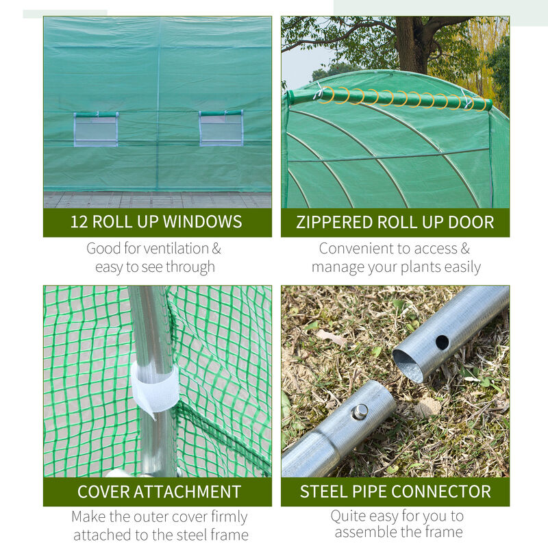Outsunny 26' x 10' x 6.6' Walk-in Tunnel Hoop Greenhouse, PE Cover, Steel Frame, Roll-Up Zipper Door & 12 Mesh Windows for Flowers, Vegetables, Tropical Plants, Light Green