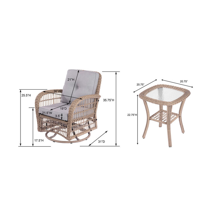 3 Pieces Outdoor Wicker Swivel Rocking Chair Set, Patio Bistro Sets with 2 Rattan Rocker Chairs and Glass Coffee Table for Backyard