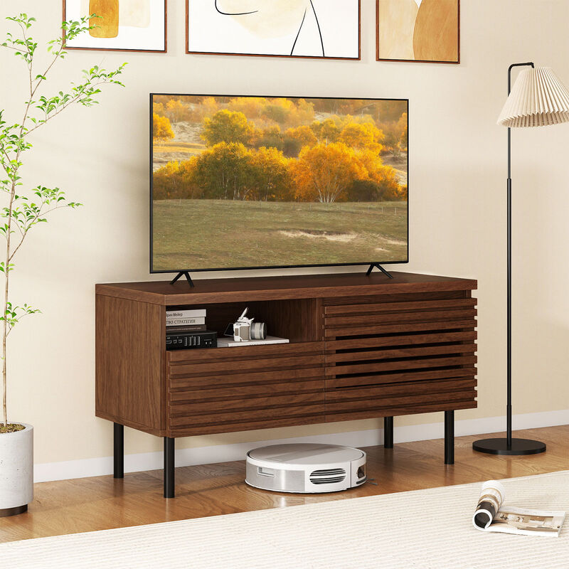 Fluted TV Stand, Mid Century Modern Entertainment Center with Open Storage Compartment-Walnut image number 4