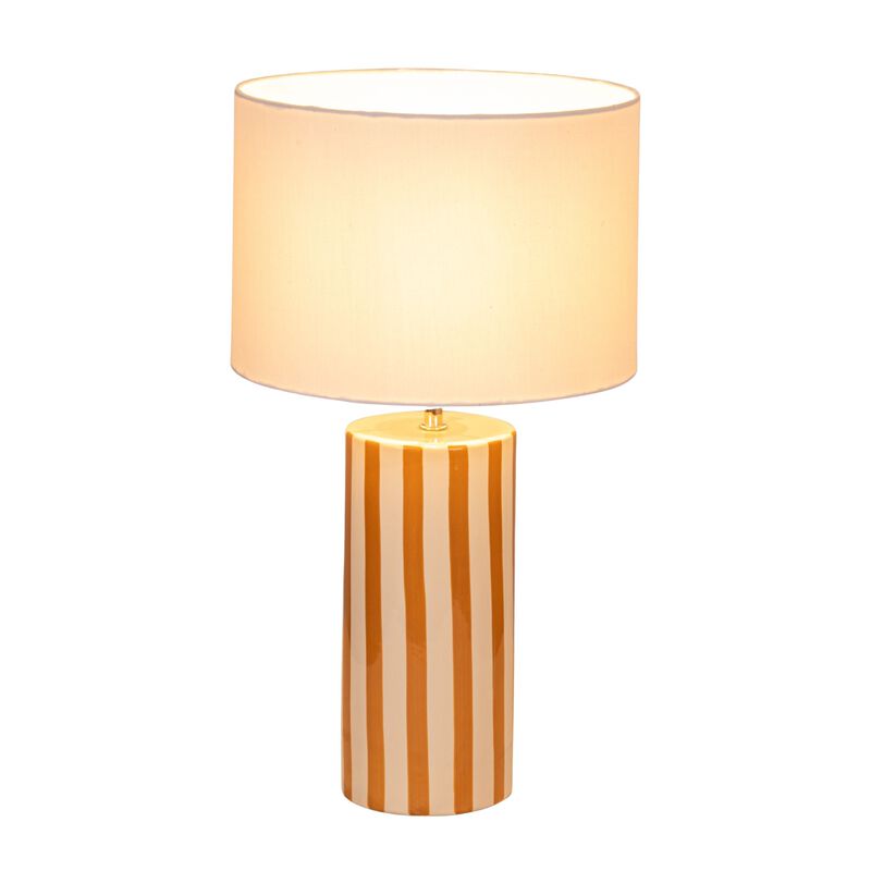 Glazed Stoneware Cylinder Lamp with Brown Stripes and Linen Shade image number 3