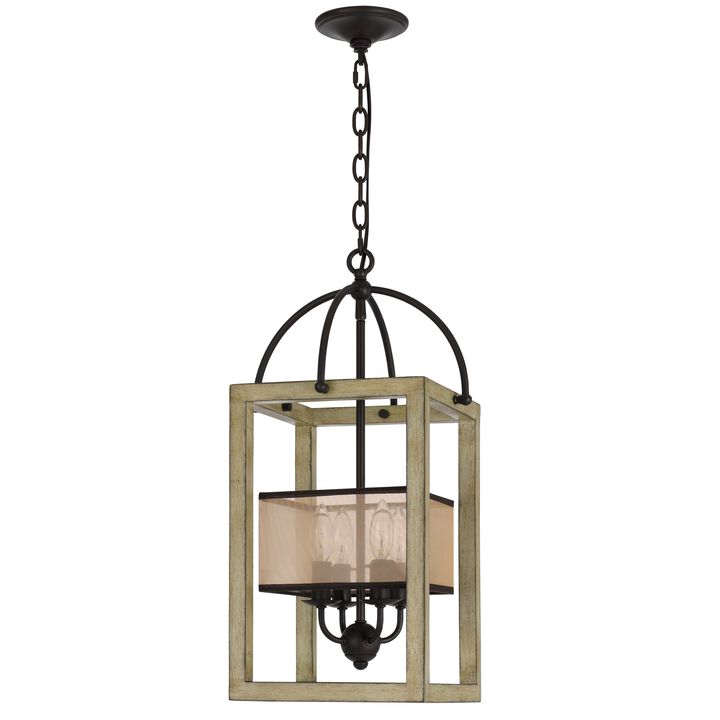 Acia 12 Inch Chandelier, Distressed Brown Organza Shade, Wood, Metal - Benzara