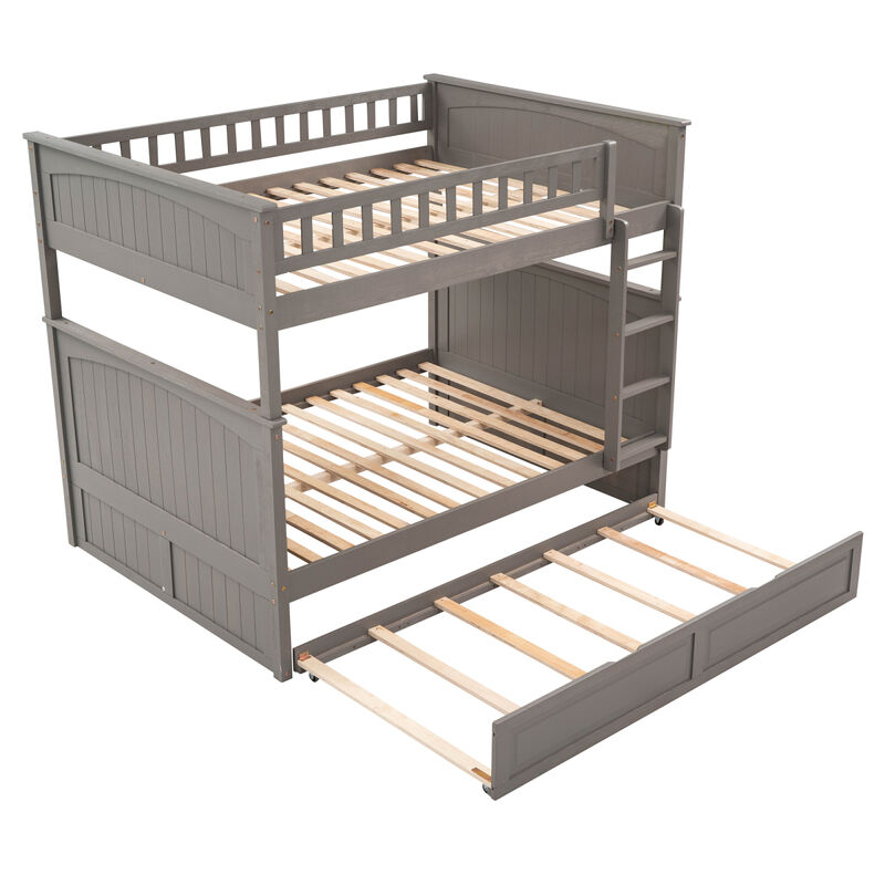 Full Over Full Bunk Bed With Twin Size Trundle, Pine Wood Bunk Bed With Guardrails, Gold