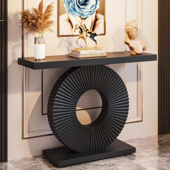Modern Console Table with Geometric Metal Base and Wooden Top