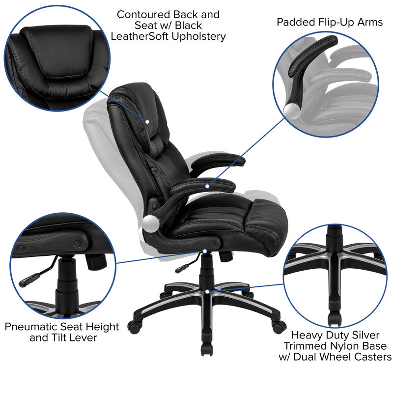 Hansel High Back Black LeatherSoft Executive Swivel Office Chair with Double Layered Headrest and Open Arms image number 3