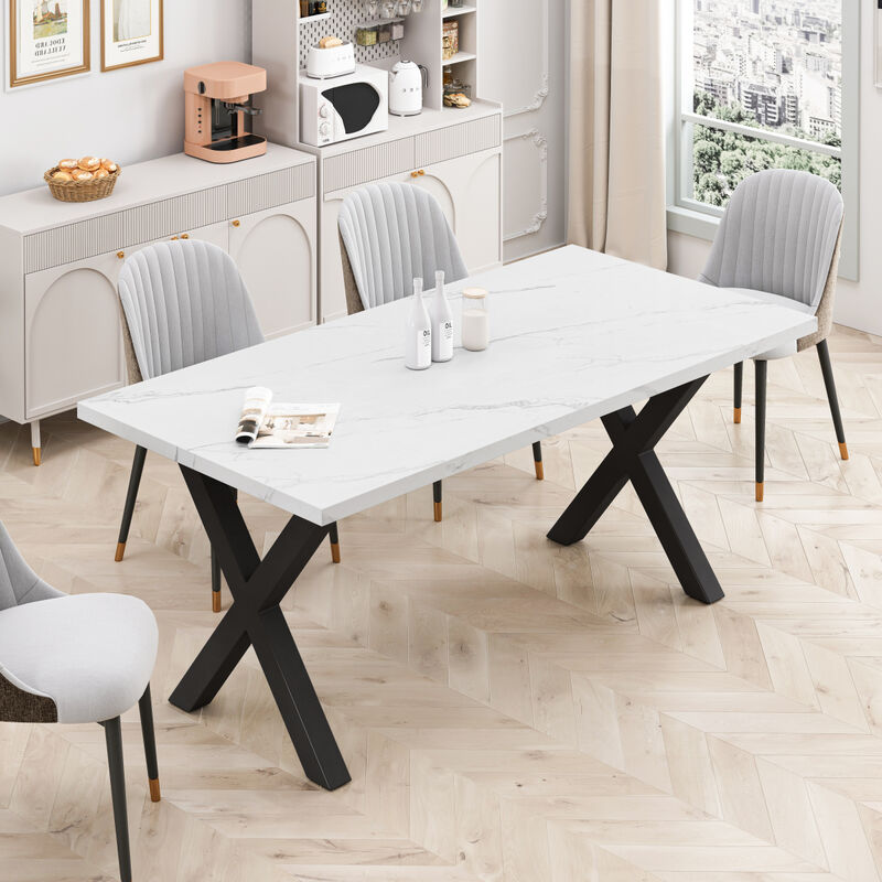 70.87" Modern Square Dining Table with Printed White Marble Tabletop+Black X-Shaped Table Leg