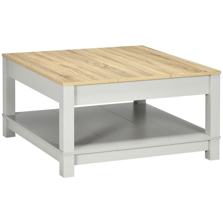 Natural Gray Living Room Table: Coffee Table with Storage Shelf & Thick Top