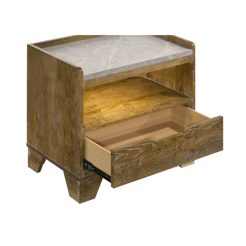 Nolan Nightstand with LED Cubby, Drawer and Marble Top, Brown Wood image number 4