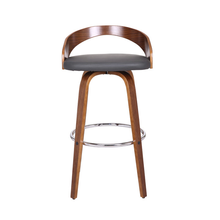 HomeRoots 30" Gray And Brown Faux Leather And Fabric And Iron Low Back Bar Height Swivel Bar Chair