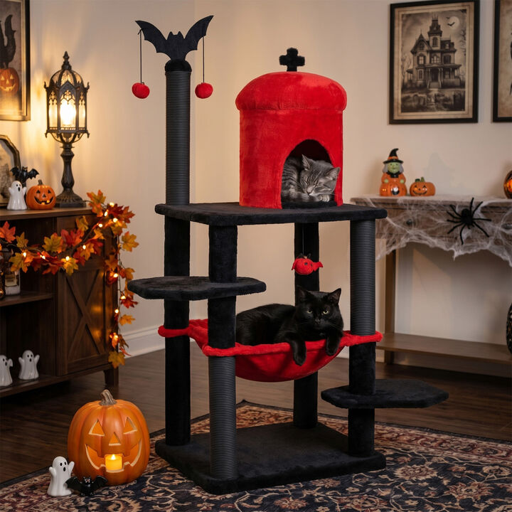 Halloween Cat Tree Tower with Spider Toy and Multiple Levels