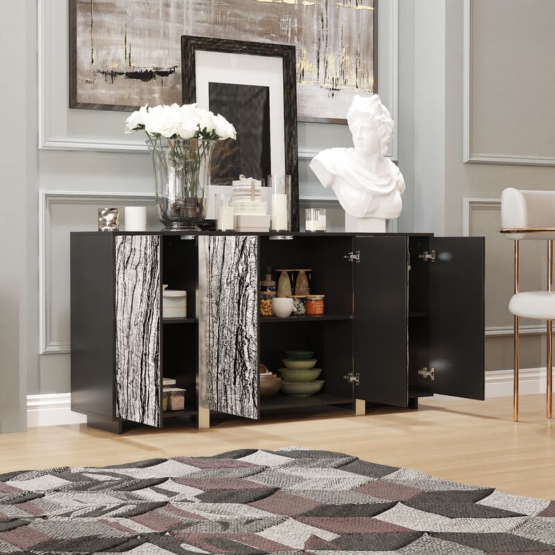 FUFU&GAGA Contemporary Black Sideboard with Marble-Pattern Glass Doors (63" W x 15.7" D x 31.5" H), P2 MDF Cabinet with Silver-Plated Legs