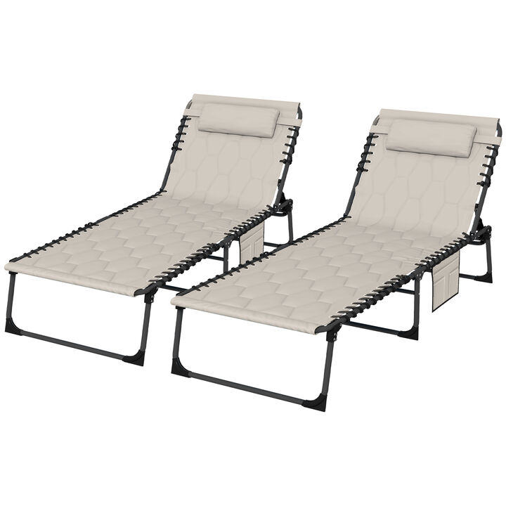 Outsunny Folding Chaise Lounge Set with 5-level Reclining Back, Outdoor Lounge Chairs with Build-in Padded Seat, Outdoor Tanning Chairs with Side Pocket, Headrest for Beach, Yard, Patio, Khaki