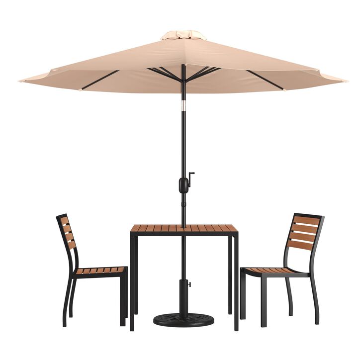 Flash Furniture Lark 5 Piece Patio Table Set - 2 Synthetic Stackable Faux Teak Chairs - 35" Square Faux Teak Table - Tan Umbrella with Base