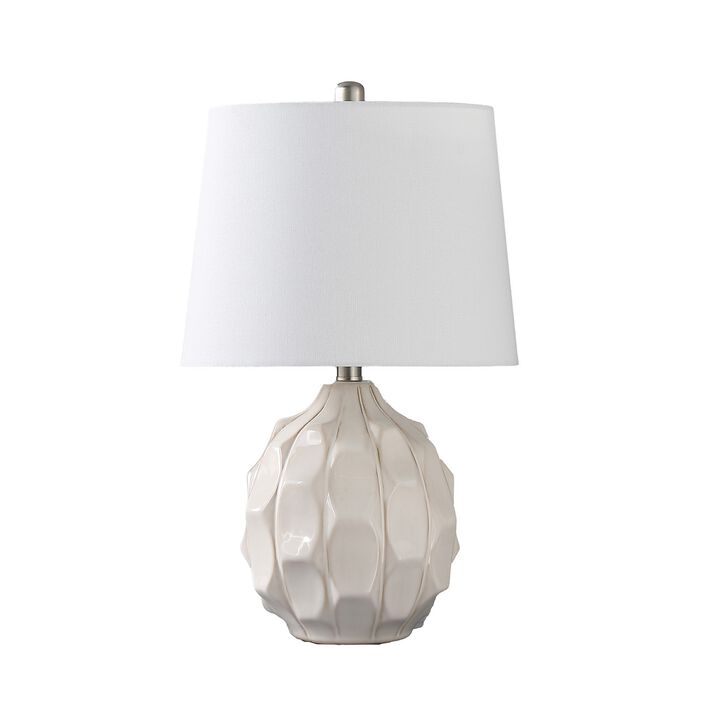 22 Inch Table Lamp, Cream Round Cascading Ceramic Design Urn, Brushed Metal - Benzara