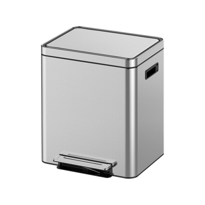 Stainless Steel Dual Compartment Trash Can, Step Pedal, Soft Close Lid, 2 Removable Buckets, Fingerprint Resistant, Waste Sorting Bin for Kitchen & Office