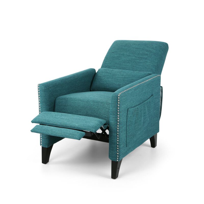Davy Pushback Recliner Chair, Nailhead Trim, Birch Wood, Teal Fabric - Benzara