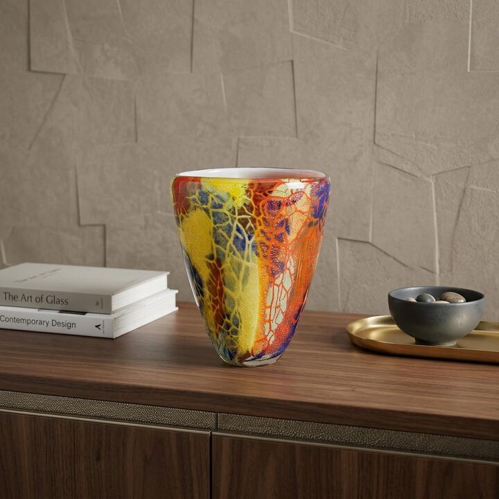 HomeRoots 8" Orange Red and Yellow Murano Glass Abstract Oval Table Vase