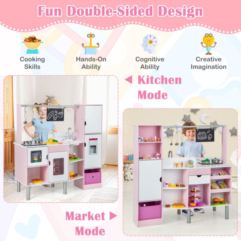 Hivvago 2-in-1 Double-sided Kids Kitchen and Market with Realistic Light and Sound